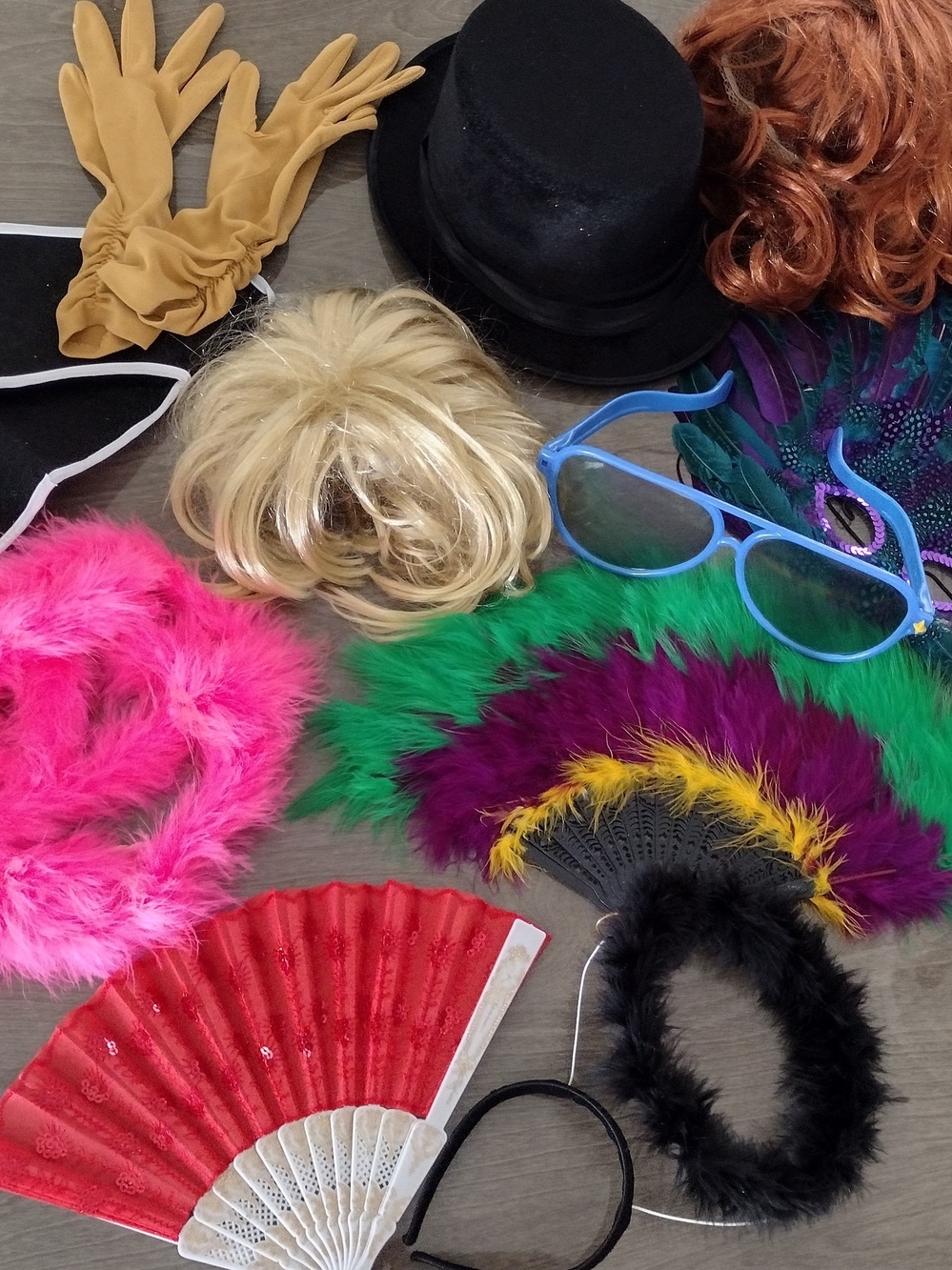 Bundle of assorted Halloween Costume Accessories Wigs Hats Fan